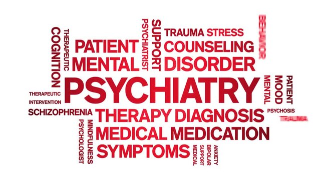 Psychiatry animated word cloud-text design animation tag kinetic typography seamless loop.