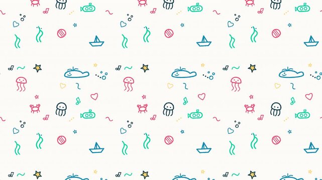 Colorful doodle sea life seamless pattern animation featuring whales, submarines, and jellyfish on a white background.