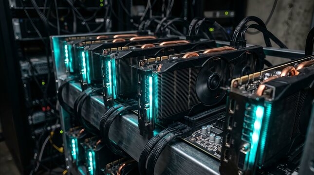 Close-up of multiple GPU mining rig with blue lights and cooling fans
