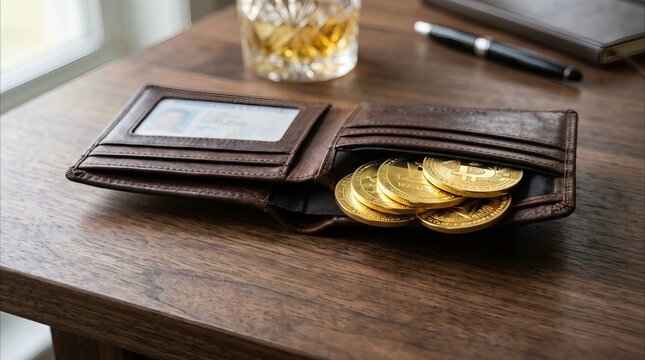 Open brown leather wallet with gold cryptocurrency coins on wooden table