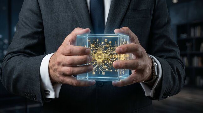 Businessman holding a futuristic glowing circuit board in hands