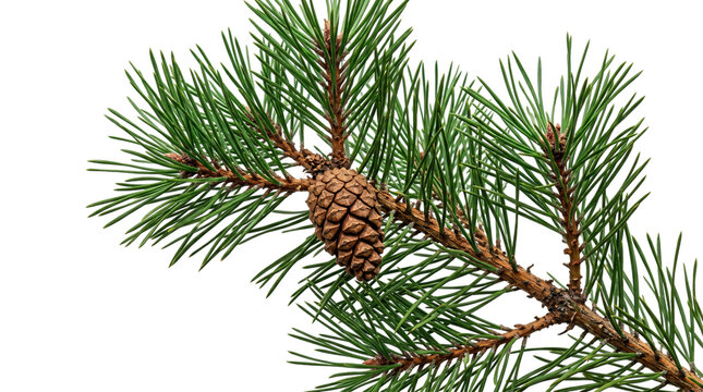 Evergreen pine branch with brown pinecone, green needle spruce twig isolated on white background, natural coniferous forest element for winter holidays