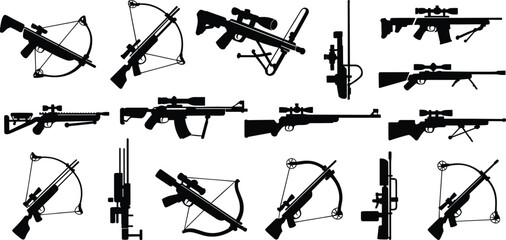 Crossbow and sniper rifle silhouettes set featuring modern hunting and tactical weapons, military shooting equipment icons collection illustration isolated on white background © Khobij