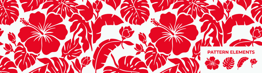 Red Tropical Floral Pattern Seamless Vector Design © esket