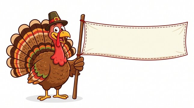 Cartoon turkey bird holding a blank sign for your custom message during the autumn thanksgiving holiday season