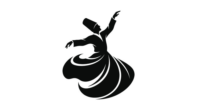 Whirling dervish silhouette illustration showing traditional Sufi dancing performance in elegant minimal black vector graphic design