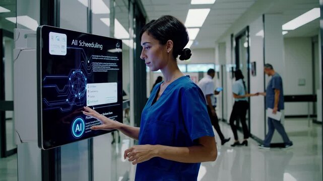 a medical professional in blue scrubs is seen interacting with a digital kiosk in a hospital corridor. the scene is clean, modern, and professional, with a blue and white color scheme. thek.