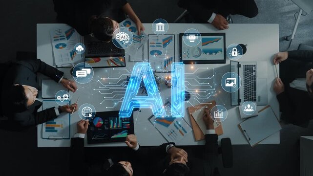 A diverse team collaborates on innovative strategies in a modern office, emphasizing the influence of artificial intelligence and data analysis in business development. Raster