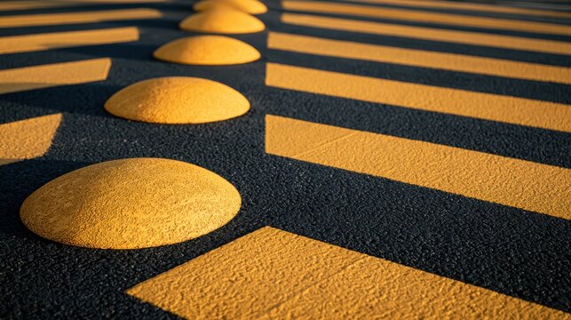 Close-up of yellow raised pavement markers and lane lines on textured asphalt road surface.