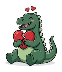 Fototapeta premium Happy Green Cartoon Dinosaur Smiling and Holding a Broken Red Heart with Small Hearts Floating Above Head