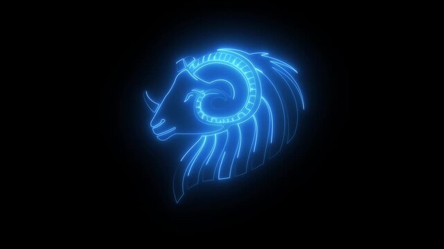 Glowing blue aries zodiac sign neon light