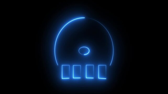 Glowing blue neon bell outline icon on black background