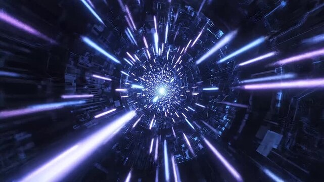 Abstract futuristic hyperspace corridor with glowing blue and purple light lines accelerating through a dark technological tunnel