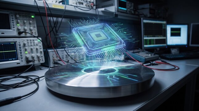 Holographic microchip floating above metal platform in high tech laboratory with hologram microchip technology laboratory semiconductor electronics hardware engineering innovation research