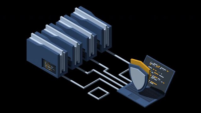 3D isometric data protection with folder and laptop animation. Folder security. Safe documents and folder. Cybersecurity concept. Isometric technology. Transparent background with alpha channel