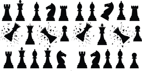 Chess pieces silhouettes collection featuring king, queen, rook, bishop, knight and pawn with checkmate and broken figures, strategy board game icons illustration isolated on white © Khobij
