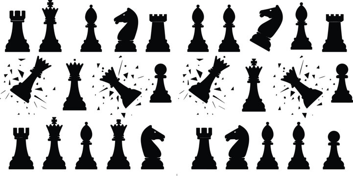 Chess pieces silhouettes collection featuring king, queen, rook, bishop, knight and pawn with checkmate and broken figures, strategy board game icons illustration isolated on white