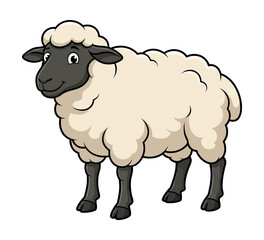 Obraz premium Cute smiling happy cartoon sheep with fluffy white wool and dark gray face standing calmly isolated