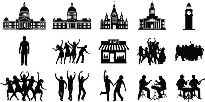 City nightlife silhouette icon set with landmarks, dancing people, bar, musicians, and crowd scenes, black vector illustrations for urban entertainment and event design