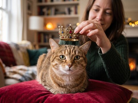 Realistic photograph of a woman placing an ornate gold crown on a tabby cat sitting on a red velvet pillow in a cozy living room.