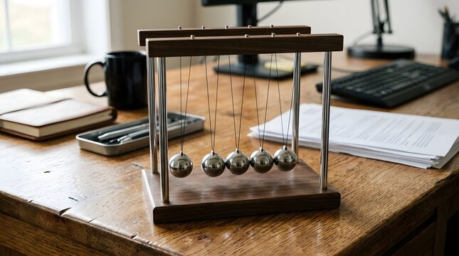Newton's Cradle physics pendulum balance balls toy on a wooden office desk workspace background