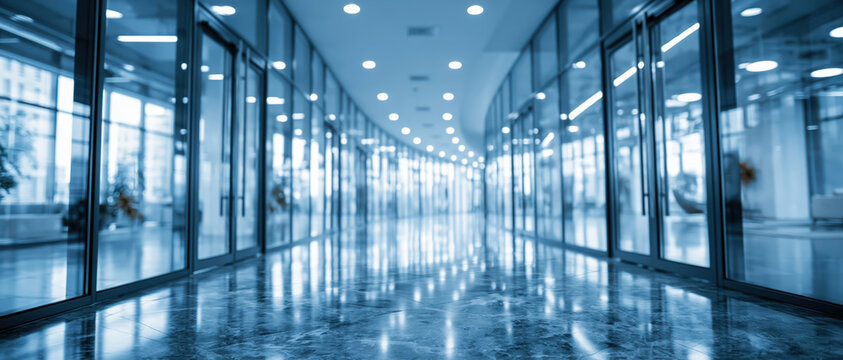 Blue corridor, glass wall, bright hall, empty office, reflective floor, modern interior