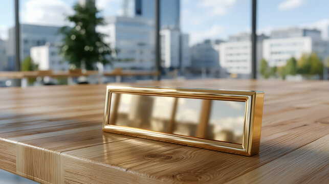 Gold nameplate on wooden desk with blurred office window and city view, empty office sign with polished metal frame