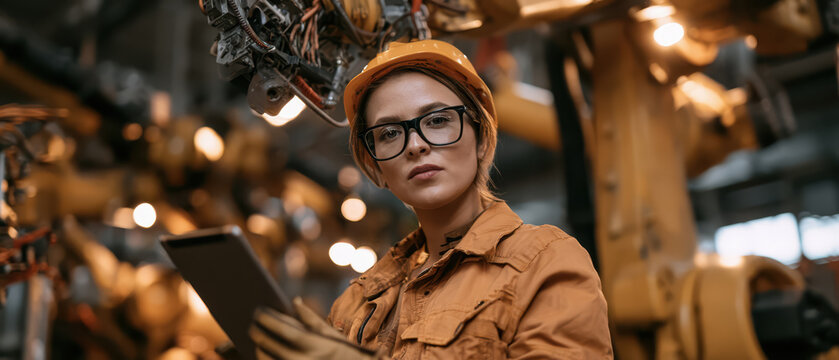 Industrial woman tablet hardhat glasses engineer factory machinery worker orange