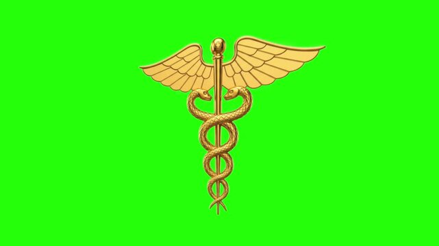 Golden caduceus medical symbol on green screen, 3D metallic Hermes staff with wings and snakes, healthcare and pharmacy icon for video compositing