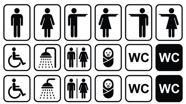 Vector set of black and white restroom signage icons for public facilities and commercial building design