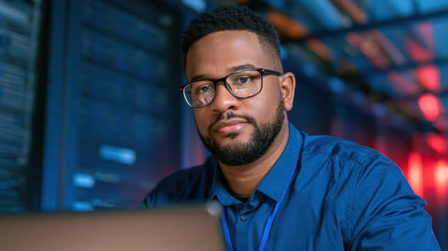 Male engineer in server room monitoring laptop data with focused calm expression