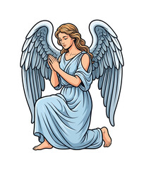 Obraz premium Female angel kneeling praying with hands clasped in a serene and spiritual mood a devout winged woman
