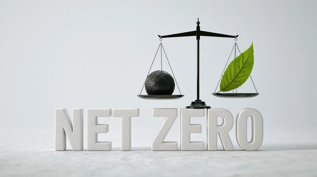 Net zero concept with scale and green leaf balance on white background