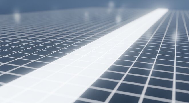 Abstract solar panel array with glowing pathway and grid pattern