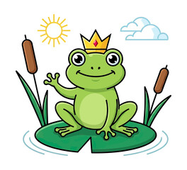 Fototapeta premium Smiling cartoon frog prince with golden crown waving hand sitting on a lily pad with cattails sun and clouds