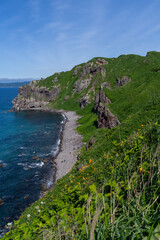 Fototapeta premium 北海道, 神威岬, 宝島, 海, 風景, 自然, 海岸, 晴れ, 青空, 空, 観光地, 日本, 観光, 夏, 岬, 旅行, 波, 水平線, 絶景, コピースペース, 青色, 快晴, 景勝地, 景色, 太平洋, 旅, 名所, 日本海, 海岸線, 空撮, 崖