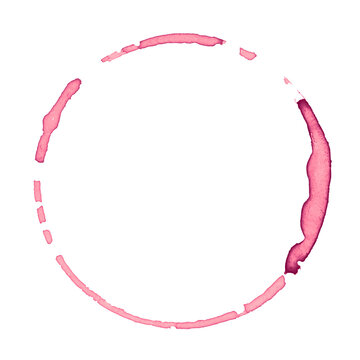 Wine glass stain. Red circular wine ring and splashes on white background. Realistic beverage mark for bar or restaurant design, menu decoration.