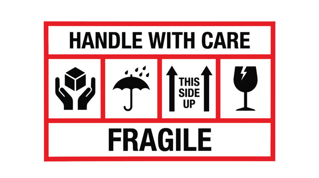 Fragile handle with care vector graphic sign showing shipment safety icons for modern logistic shipping labels