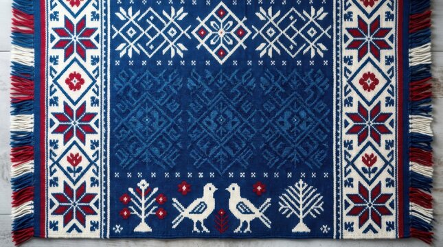 Blue Nordic Folk Textile Border With Traditional Pattern