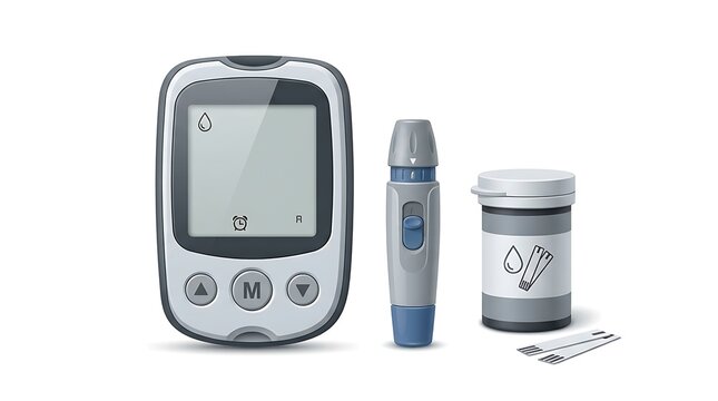 Blood glucose meter kit on white background. Portable diabetes testing device and lancet.