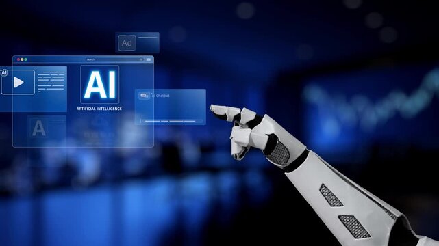 A robotic hand points at an advanced digital interface displaying artificial intelligence features, exemplifying modern technology and virtual innovation in action. Synapse