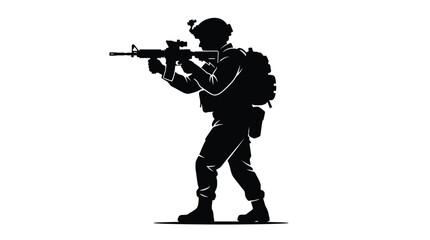 Obraz premium Military soldier silhouette holding a rifle in this detailed black and white vector graphic design illustration