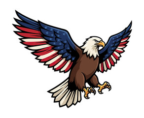 Fototapeta premium Majestic American bald eagle flying with patriotic flag wings showing fierce determination