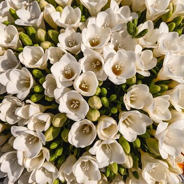 Top view of a cluster of beautiful white spring crocus flowers in bloom