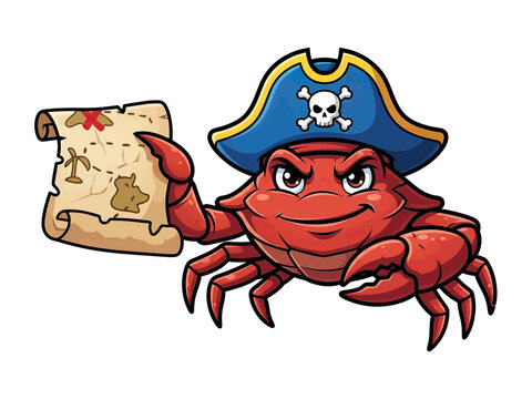 Red cartoon crab pirate smirking wearing a blue hat with skull and crossbones holding a treasure map