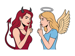 Obraz premium Red Haired Devil Woman and Blonde Haired Angel Woman Making a Shush Gesture Expressing Secrecy