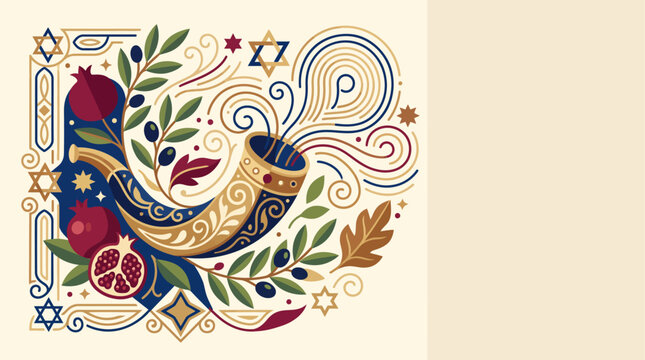Happy Rosh Hashanah Illustration of a Shofar, Pomegranates, and Olive Branches