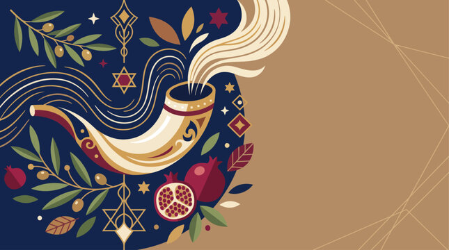 Festive Rosh Hashanah Background with Shofar Pomegranate and Star of David Symbols for Jewish New Year Celebration