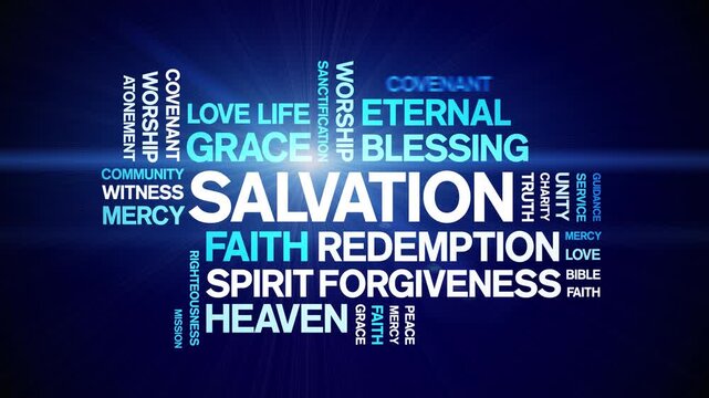 Salvation animated word cloud-text design animation tag kinetic typography seamless loop.
