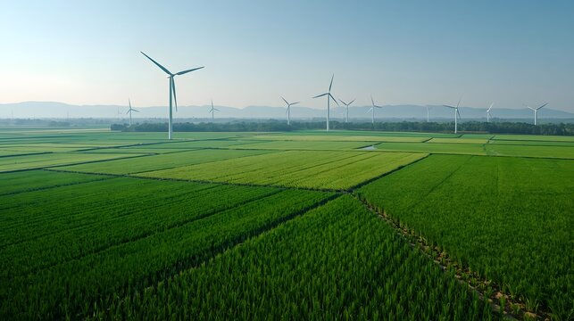Sustainable energy wind farm in vibrant green crop field against hazy distant mountains